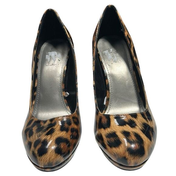 Worthington Leopard Print High Heels Closed Almond Toe Shiny Cheetah Print Pumps - Picture 3 of 12